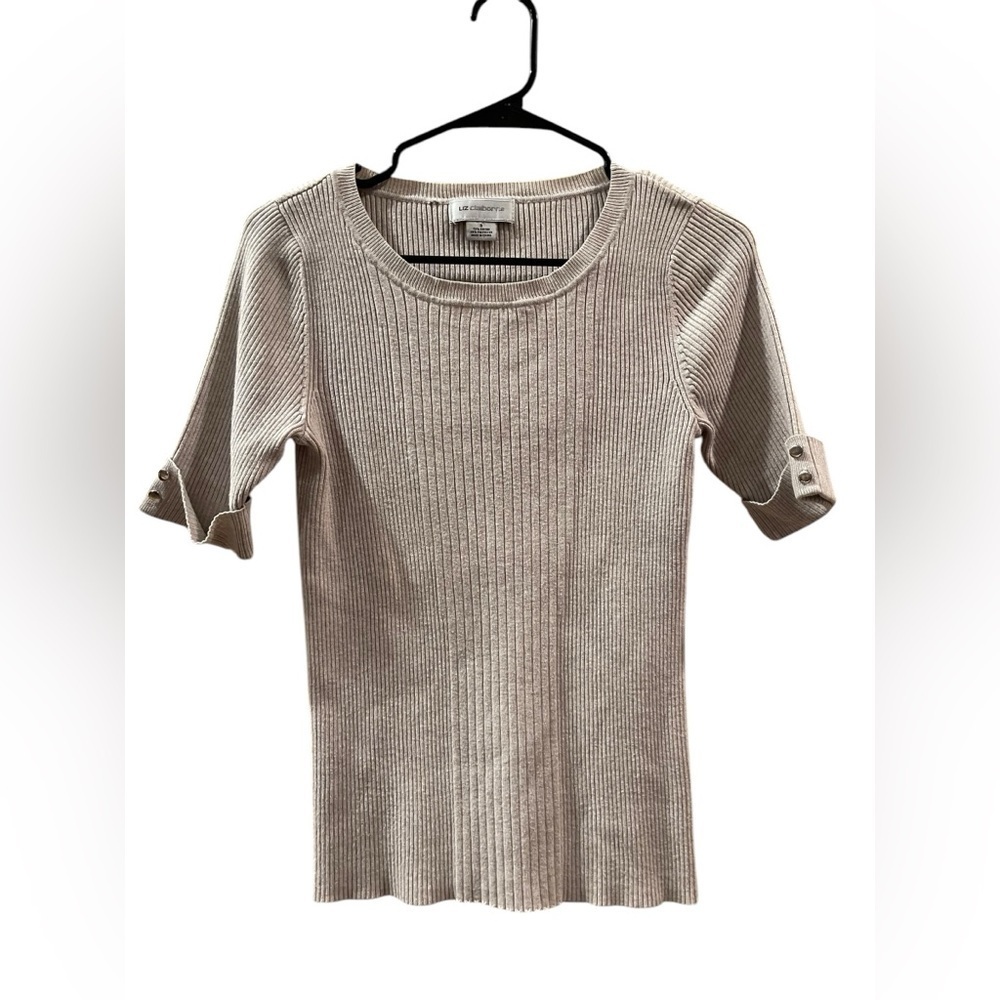 Liz Claiborne Women’s Beige Ribbed Short Sleeve Shirt Blouse Size: Small